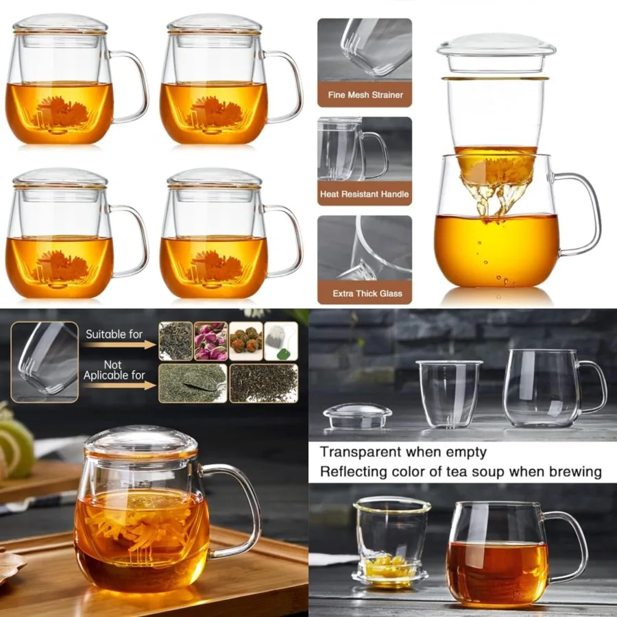 

Teacups 4 Pack Tea Cup with Infuser and Lid, /520ml Large Borosilicate Teacup, Tea Clear Mug Cup for Loose Leaf Blooming Tea, M