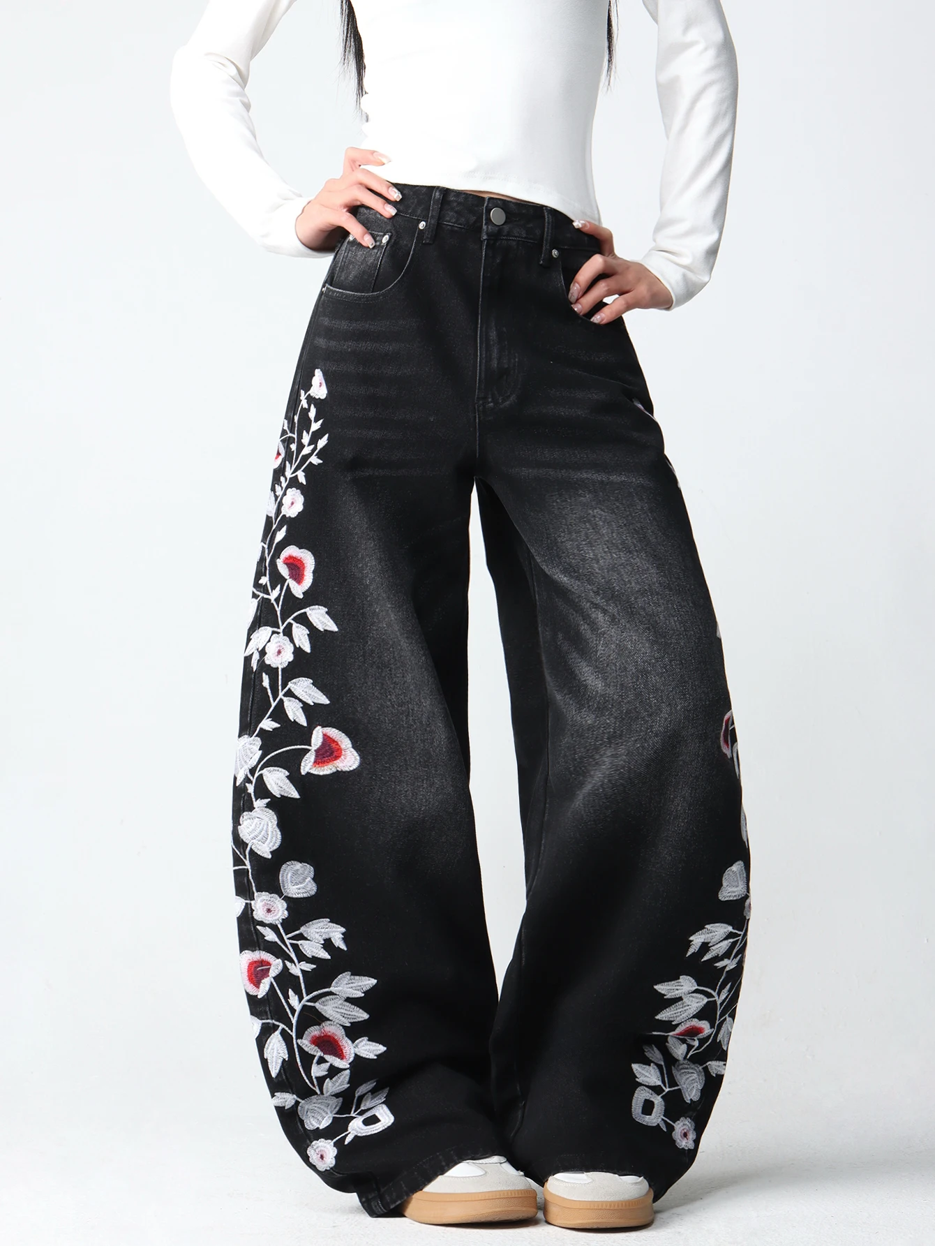 Women's Vintage American-Style Floral Embroidered Loose Wide-Leg Jeans Y2K Street Trend Comfortable Everyday Versatile Pants