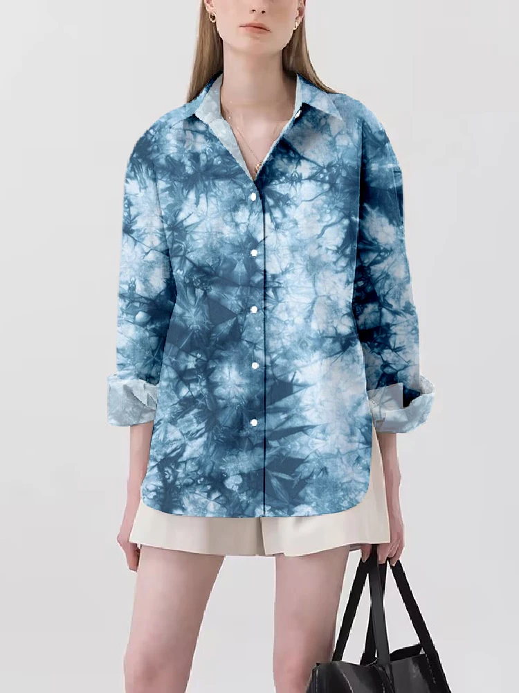 Simple Tie-dye Print Women's Shirt Jacket Lapel Long-sleeved Shirt Casual Trend Shirt Top Suitable For All Occasions Clothing