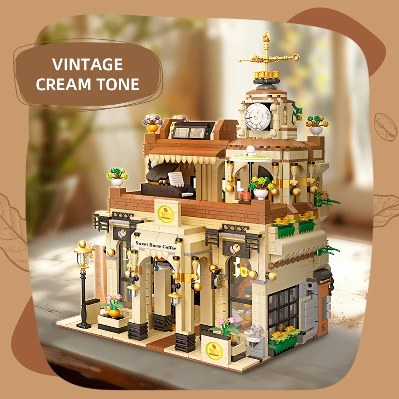 City Retro Architecture Cafe Building Blocks Atmosphere Lights Creative Streetscape Large Scale Model Bricks Toys