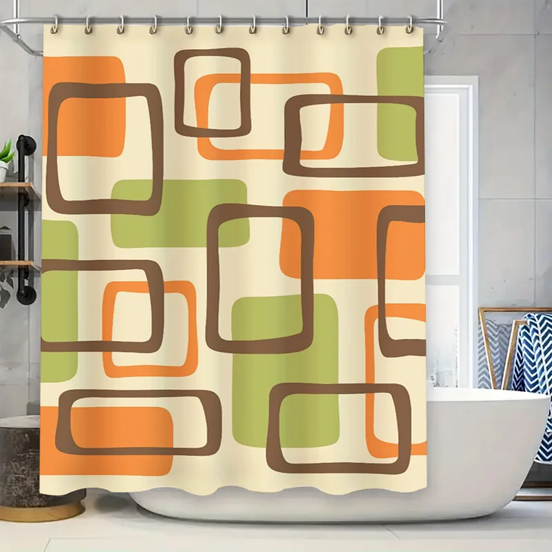 

Современные прямоугольные фигуры, занавеска для душа, аксессуары для ванной, декор с зелеными и оранжевыми блоками, изготовлен из водостойкого полиэстера
