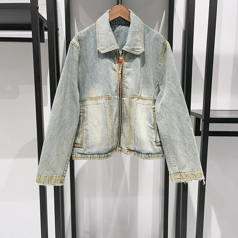 Damska kurtka jeansowa na jesień i zimę 2025, nowa, niebieska, zapinana na zamek, z długim rękawem, modna, ciepła kurtka zimowa dla kobiet.