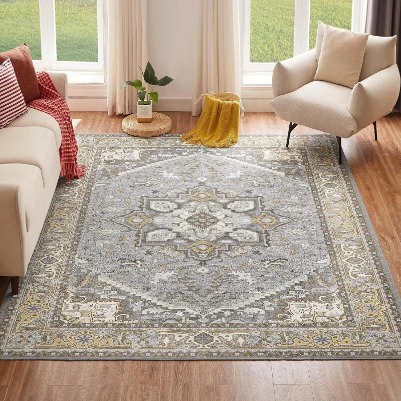 

VIKAMA Light Luxury Retro Floral Imitation Cashmere Wash Back Carpet Living Room Kitchen Coffee Table Anti-Slip Mats Home Decor