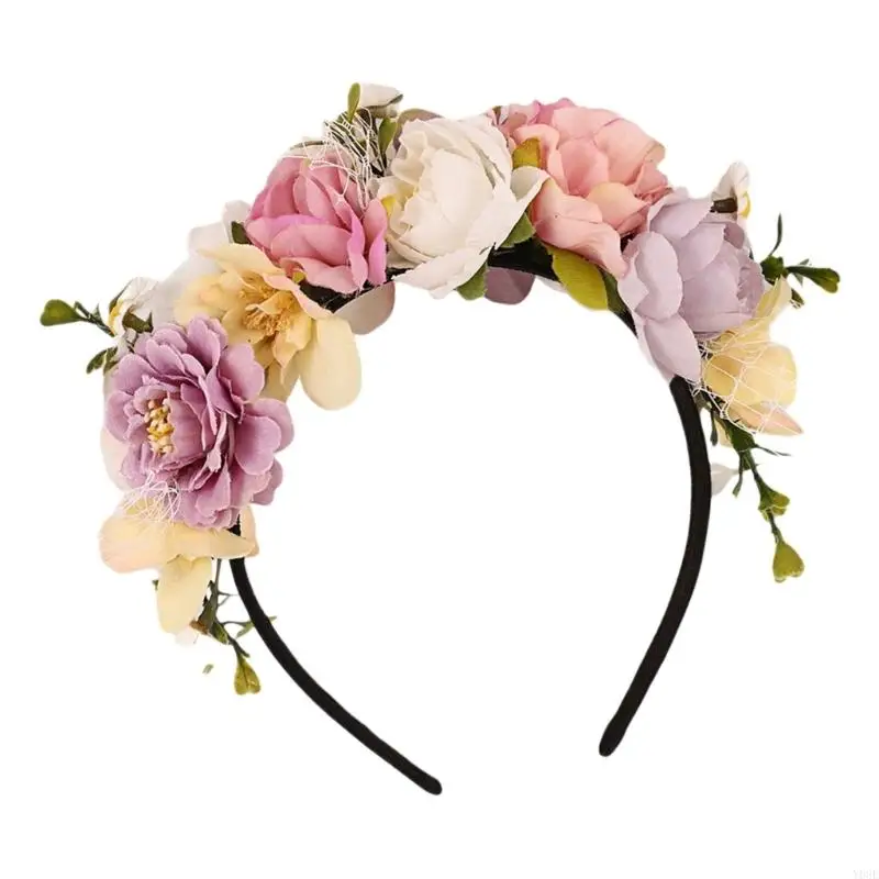

Ethnic Patterned Hairband With Fabric Flowers Practical Comfortable For Women Y08E