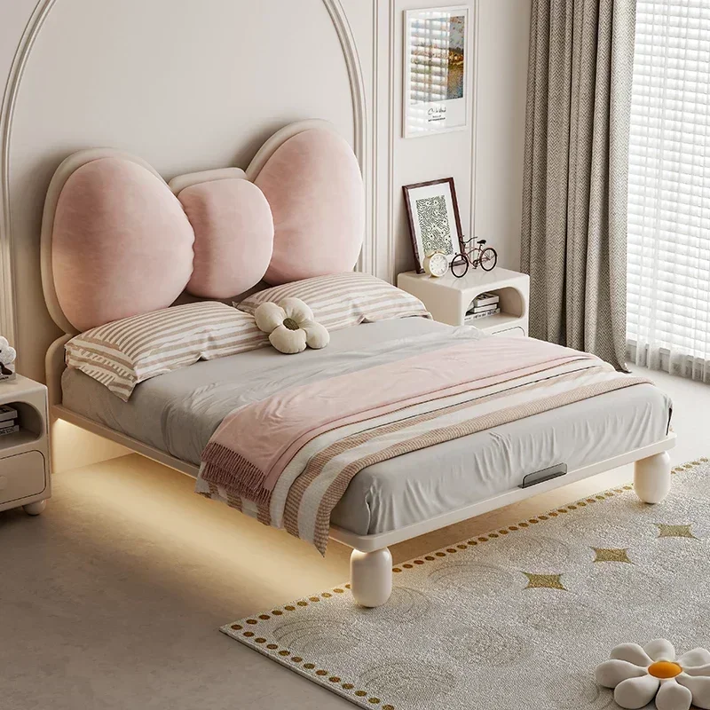 Solid wood children's bed cream wind girl bedroom bed furniture minimalist bow soft bag princess child single bed