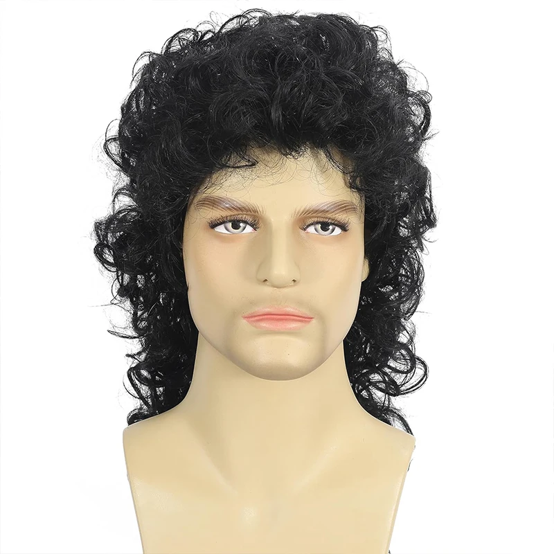 شعر مستعار مجعد البوري للرجال 70s 80s أسود طويل مجعد الباروكات الهبي هزاز حفلة تأثيري حلي أنيمي مقاومة للحرارة الاصطناعية هاي