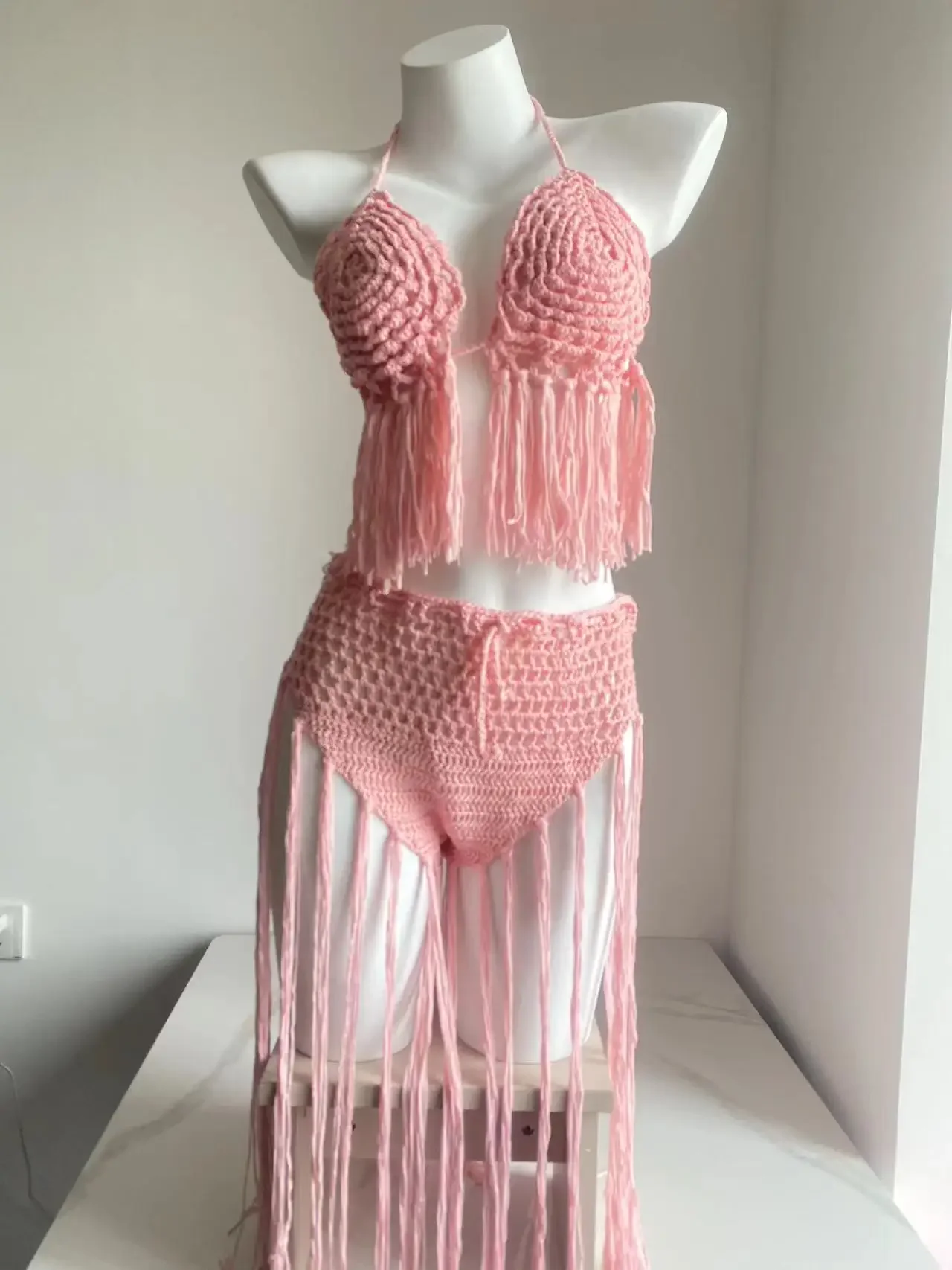 

Knitted Bra Top Bikini Set Womens Swimsuit Handemade Crochet Bikini Cover Up Tassel Beach Long Wrap Skirt Holiday Beach Outfit