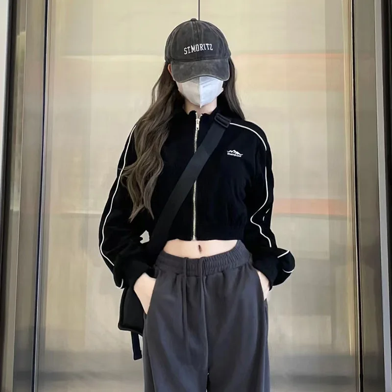 2023 New Grunge Zip Up Hoodie Streetwear Women Korean Fashion Casual Slim Sweatshirts Striped Black Long Sleeve Cropped Hoodie