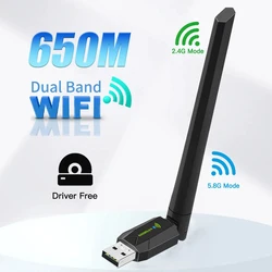 Adaptador USB WiFi para PC, 650Mbps, banda dupla, 2.4G, 5GHz, placa de rede, sem fio, receptor, USB, Dongle, 802.11AC, driver livre