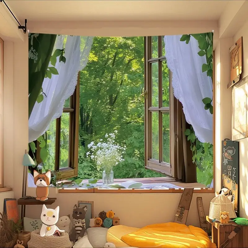 VIKAMA Healing Series Window Side Cat Hut Tapestry Japanese Sunshine Green Plants Cartoon Background Cloth Tapestry Room Decor