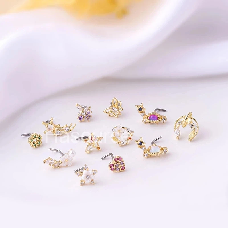 1PC L Geformt 316L Chirurgische Edelstahl Nase Studs Nasenringe Mode Multicolor Zirkon Nase Stud Schraube Nase Piercing schmuck