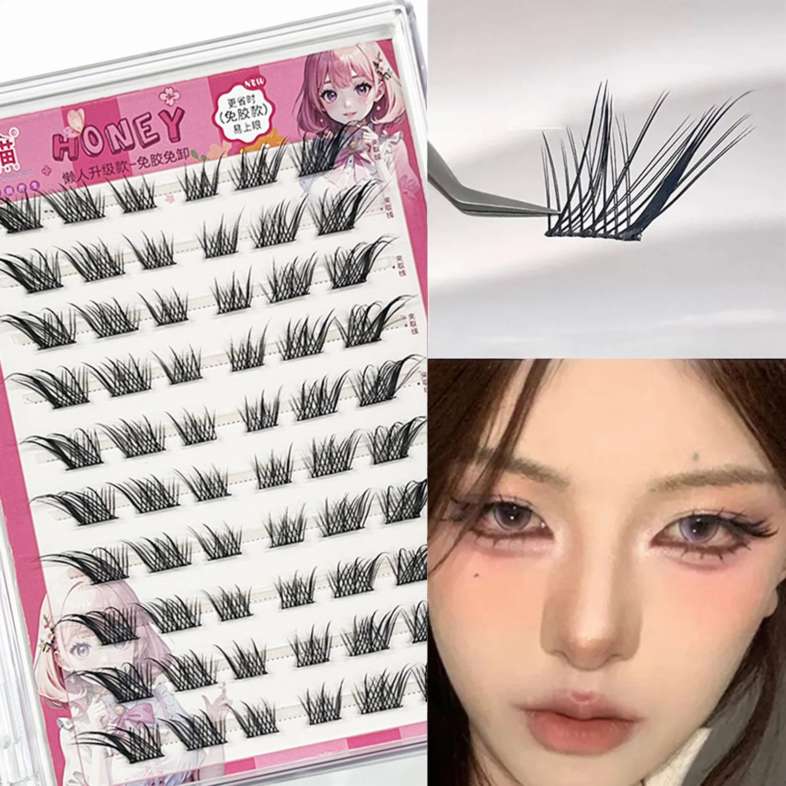 중국 스타일 폭스-페이크 속눈썹 접착제 없음 11-15mm 혼합 길이 C 컬 블랙 페이크 속눈썹 0.05mm 윙드 팬닝 섹시 속눈썹