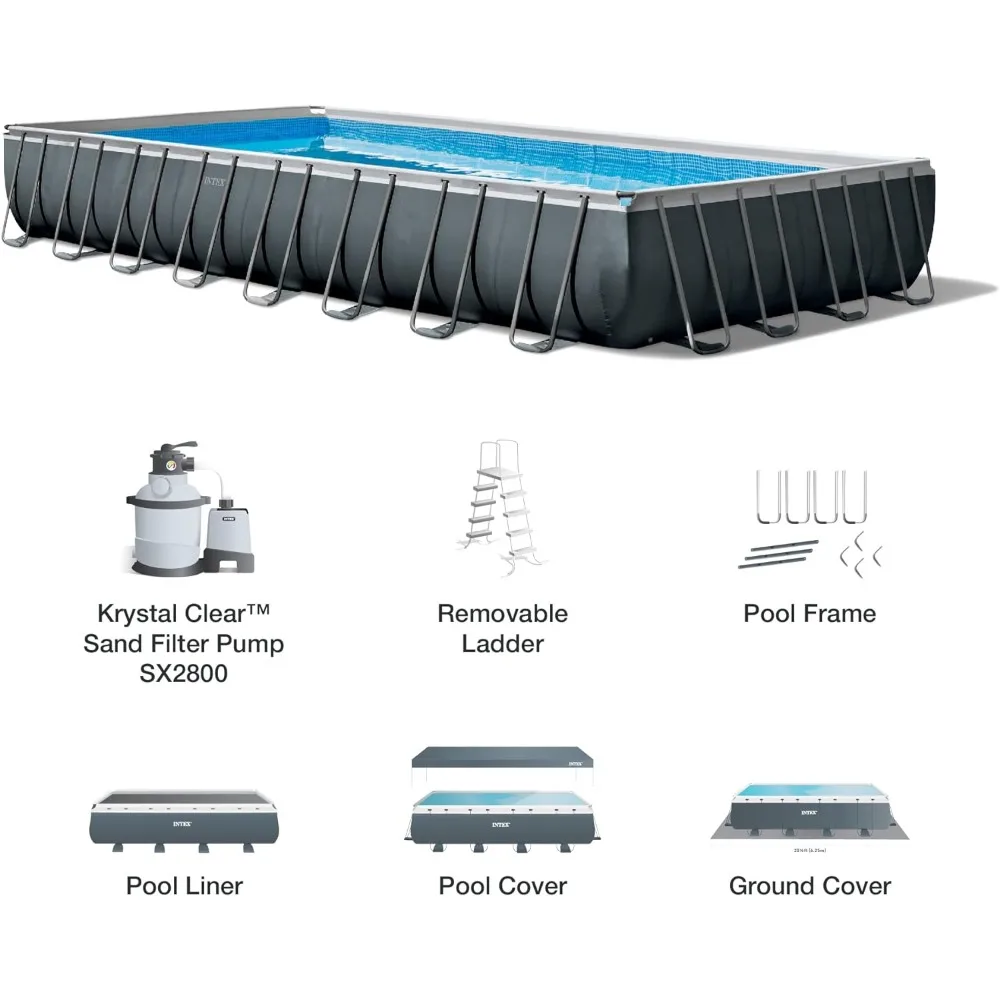 Deluxe Rectangular Above-Ground Pool Set: 32 ft x 16 ft x 52 in Includes 2800 GPH Sand Filter Pump SuperTough Puncture Resistant