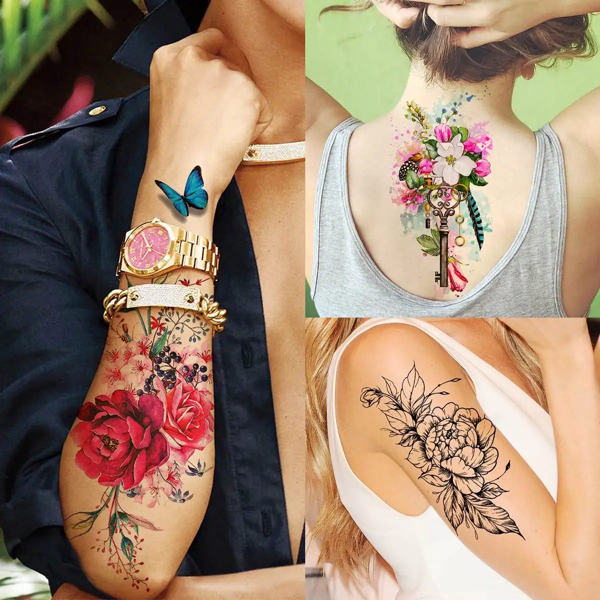 18 Sheets Watercolor Flower Temporary Tattoos For Women Adults Body Art Tattoo Sticker Fake Butterfly Rose Floral Tatoos Paste