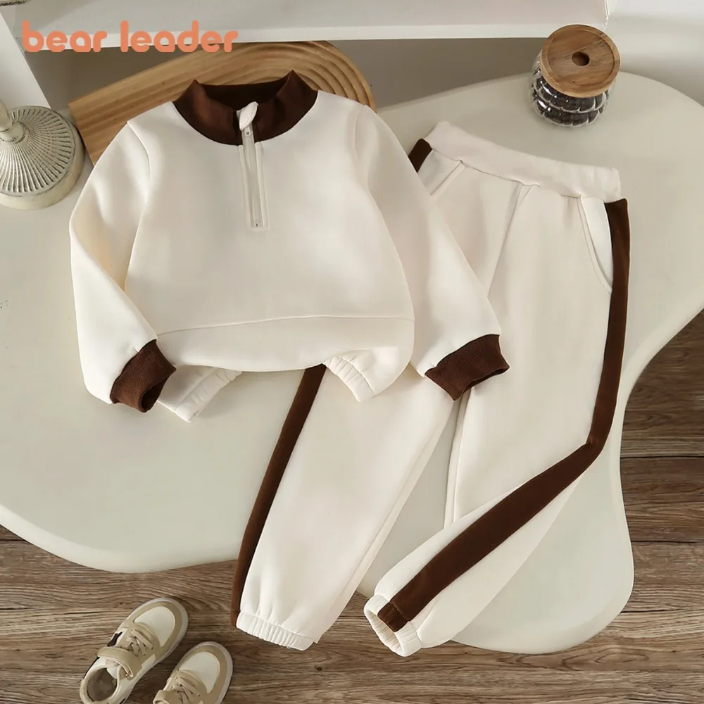 Bear Leader Autumn/Winter Korean Style Simple Sports Sets Girls Clothes Retro Coffee Edge Semi Open Neck Long Sleeved Top+Pants