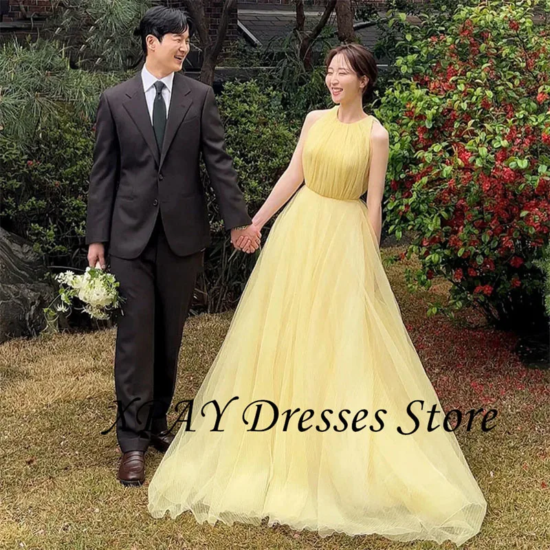 

XPAY Fairy Yellow Korea Wedding Dresses Pleat Tulle A Line Long Evening Formal Party Dress Photos Shoot Customized