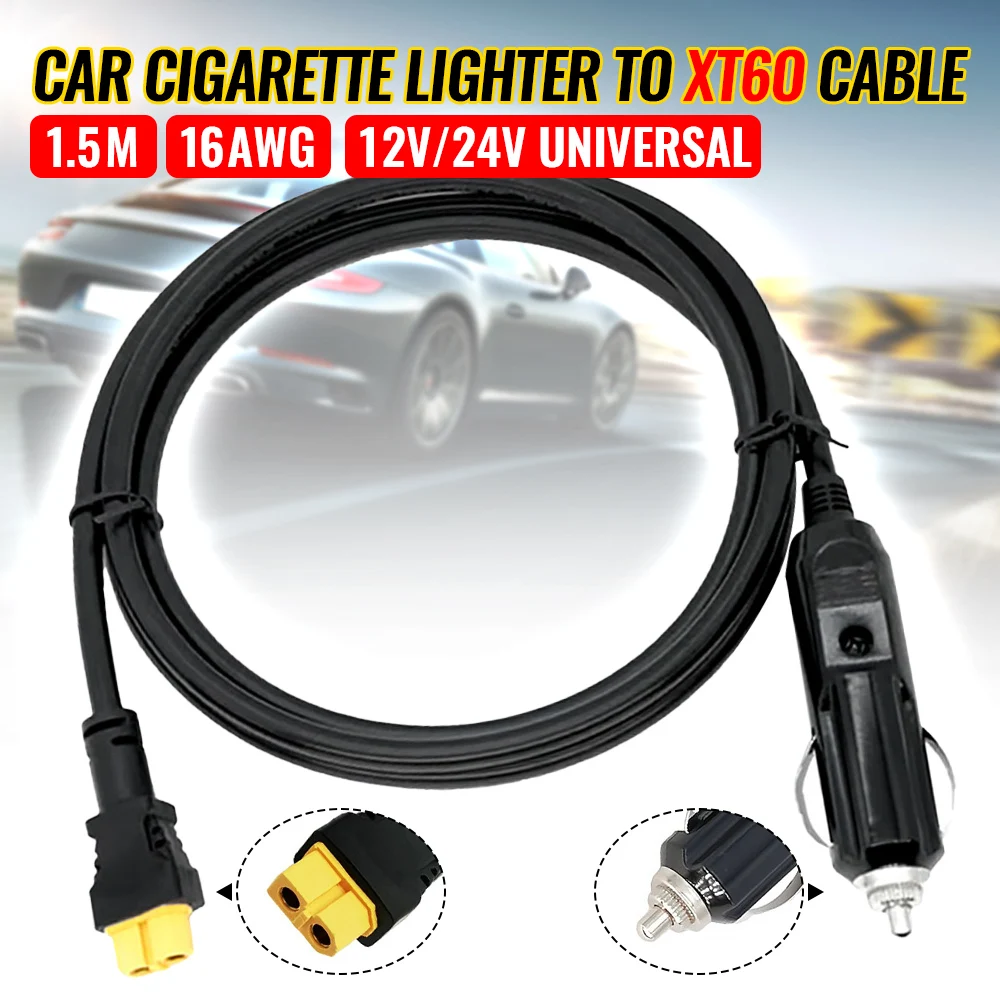 Car Cigarette Lighter To XT60 Cable 1.5M 16AWG Waterproof Cord For 12V 24V Car Truck Power Station Solar Generator Outdoor Use