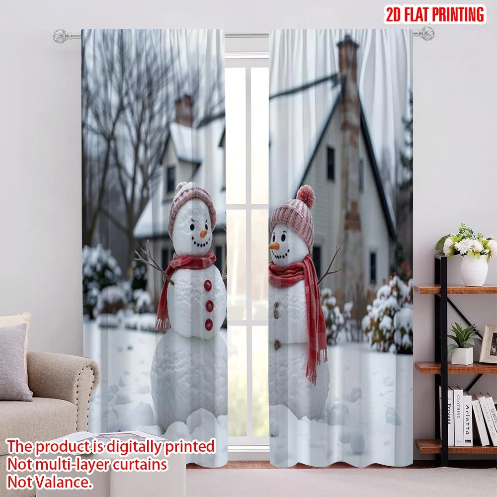 

2pcs 2D flat printing Merry Christmas Window Drapes Hut and snow scene watercolor Christmas scene6 Durable Polyester Without