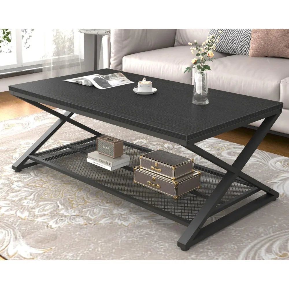 طاولة قهوة سوداء، طاولات مركزية من طبقتين معدنية خشبية مع رف تخزين، طاولة شاي خرسانية مستطيلة حديثة لغرفة المعيشة #1