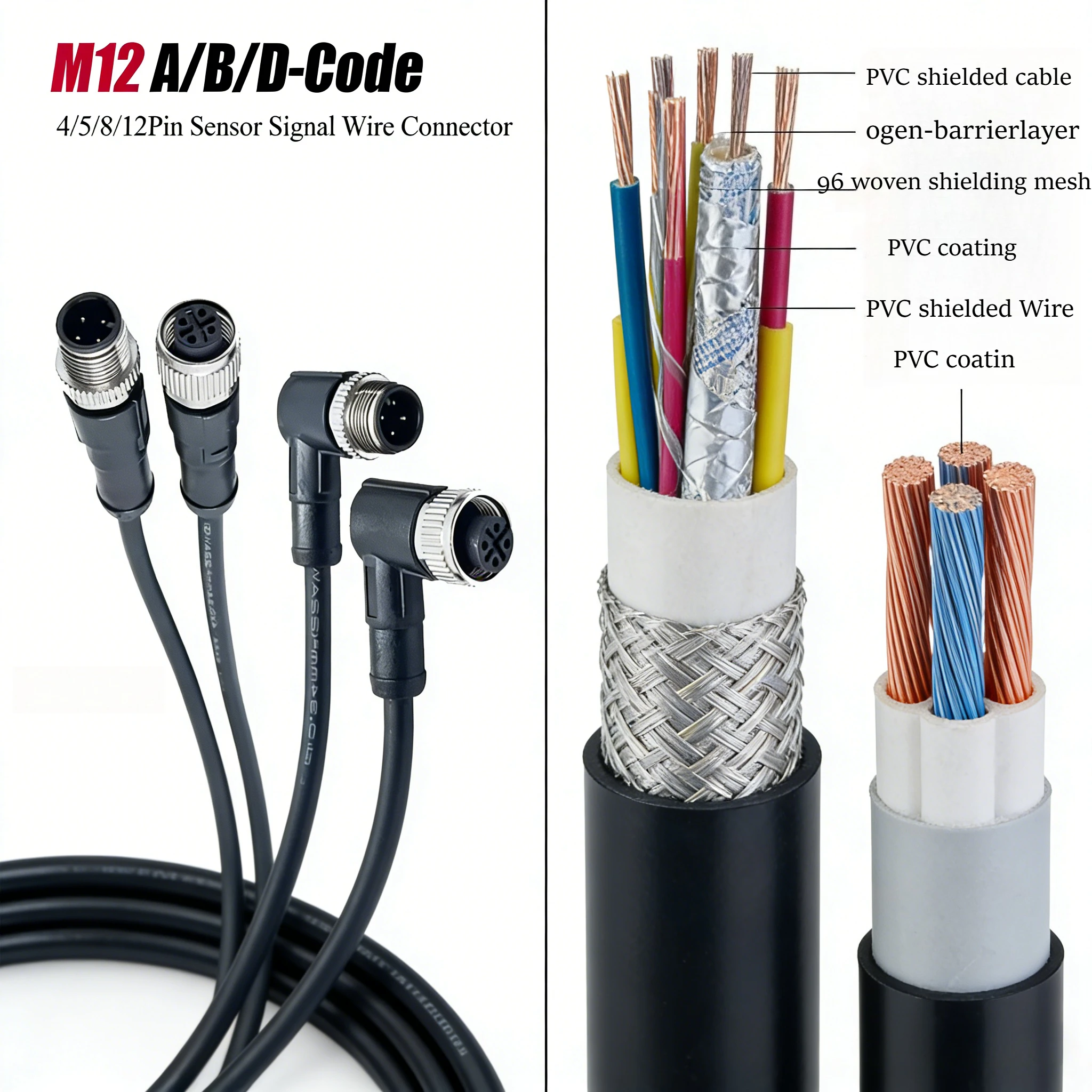 M12 Aviation Sensors Double Head 3 4 5 6 8 12 17 Pin Elbow Male Female Head Communication Connector 2 Meters  Head to Straight