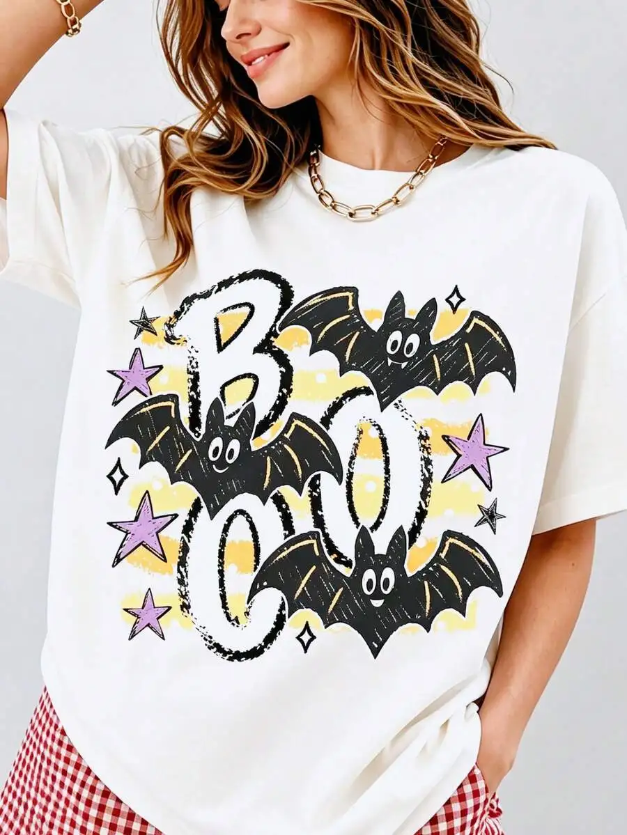 2026 New Arrival Women's Checkered Ghost Halloween Graphic T-Shirt, Star Floral Bat Pumpkin Print, Round Neck Loose Fit Soft Short Sleeve, Outfit For Halloween Party, Holiday Gift Basic Top T-Shirt