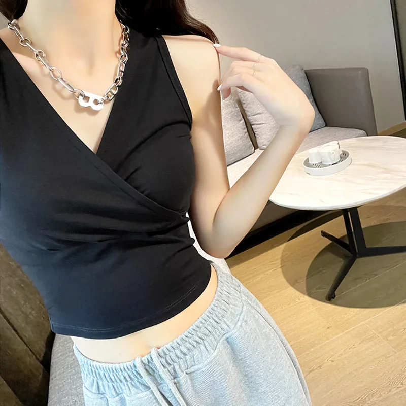 

YUQI Cotton Women's Tank Top Summer Casual Basic Skinny Vest Sleeveless White Off Shoulder Y2K Sexy Cross Folds Woman Crop Tops