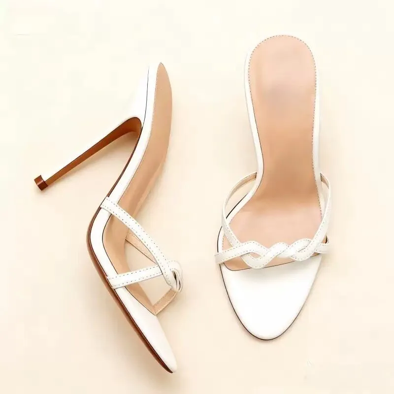 New straight line sandals with peep toe stiletto heels Women's head versatile Fried Dough Twists cross tie stiletto sandals