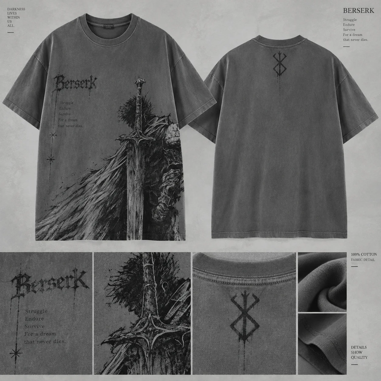 Men's Berserk Guts Sword Graphic T-Shirt, Oversized Short Sleeve Tee, Unisex Y2K Gothic Manga Sports Streetwear Casual Top