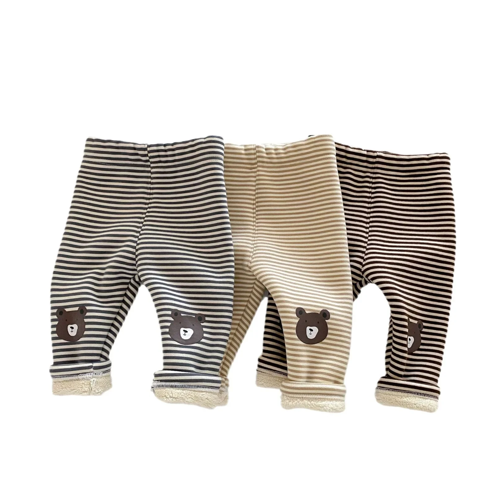 2024 Autumn Winter New in Kids Baby Girls Thick Clothing , Toddler Infant Striped Cartoon Bear Pants Lightting 3M-5Y