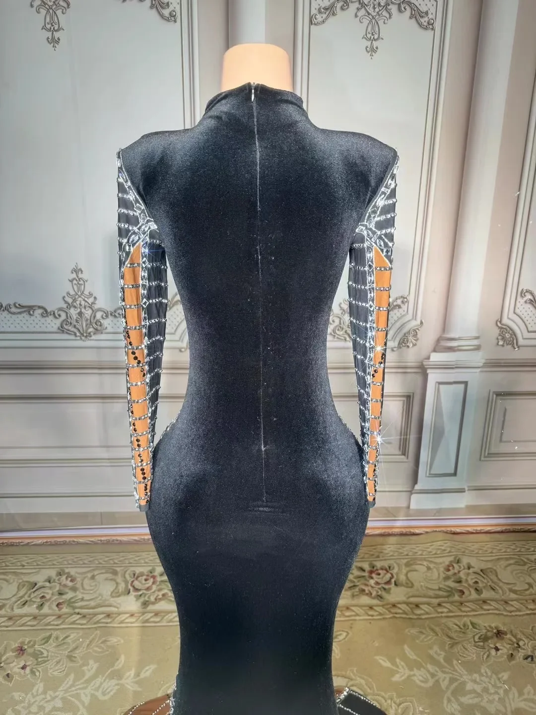 생일 원피스 투명 메쉬 슬림 긴팔 패션 블랙 벨벳 롱 원피스 나이트바 클럽 파티 디너 웨어, 무대 코스튬