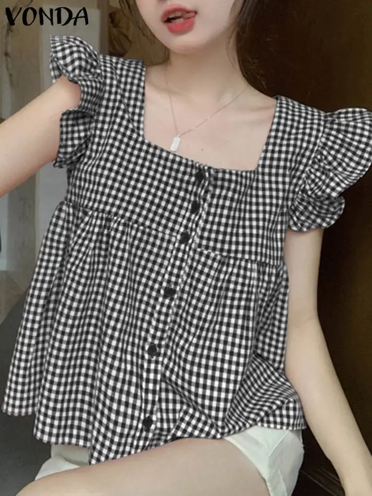 VONDA Elegant Women Plaid Blouses Summer Shirts Sexy Square Collar Short Sleeve Ruffled Tunic Tops 2024 Casual Loose Blusas