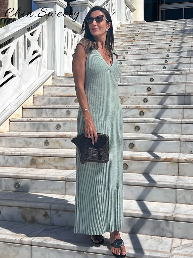 أنيقة محبوك ألف خط فستان طويل المرأة الصلبة التلبيب أكمام الورك حزمة فساتين ضئيلة 2025 الصيف سيدة شيك شارع العليا الجلباب #2