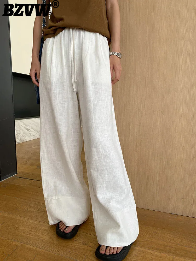 

BZVW Casual Linen Wide Leg Pants For Women Drawstring Elastic Waist Solid Color Full Length Trousers 2024 Summer New 25A567