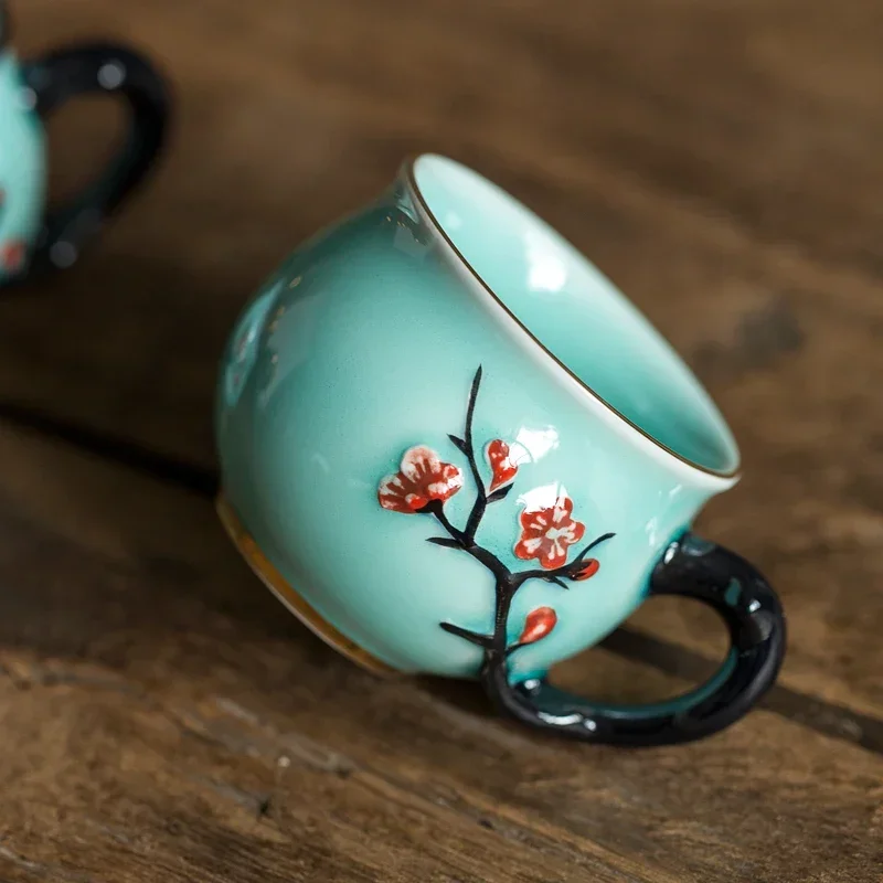 Chinese Handmade Plum Pattern Ceramic Tea Cup Small Coffee Cups with Handle China Porcelain Mugs Tea Set