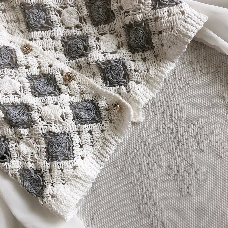 Top all'uncinetto con maniche in chiffon Ricamo a rombi Collo quadrato Camicetta finta in due pezzi Primavera Estate Fairycore Cottagecore