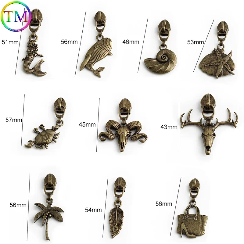 10PCS Sheephead,Coconut Tree Shape 5# Nylon Metal Zipper Puller Head For DIY Sewing Suitcase Coat Bags Replacement Accessory