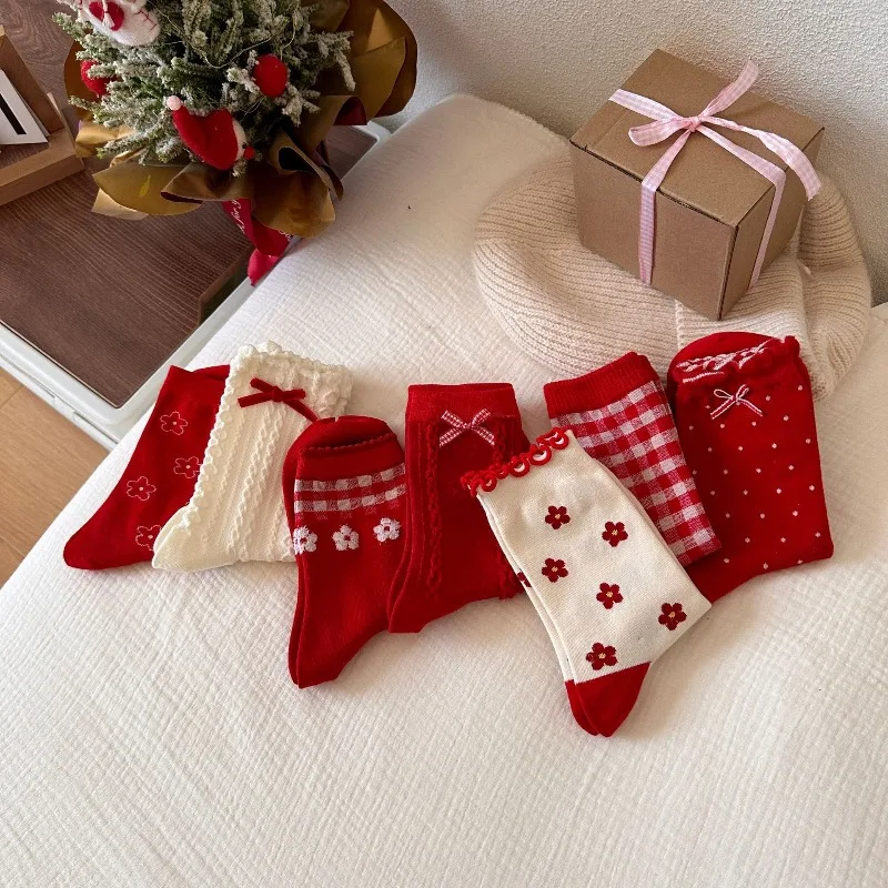 

5 Pairs Red Women's Mid-Calf Socks Autumn Winter New Year Bow-Tie Cotton Socks Set Ladies Christmas Gift Warm Socks High Quality
