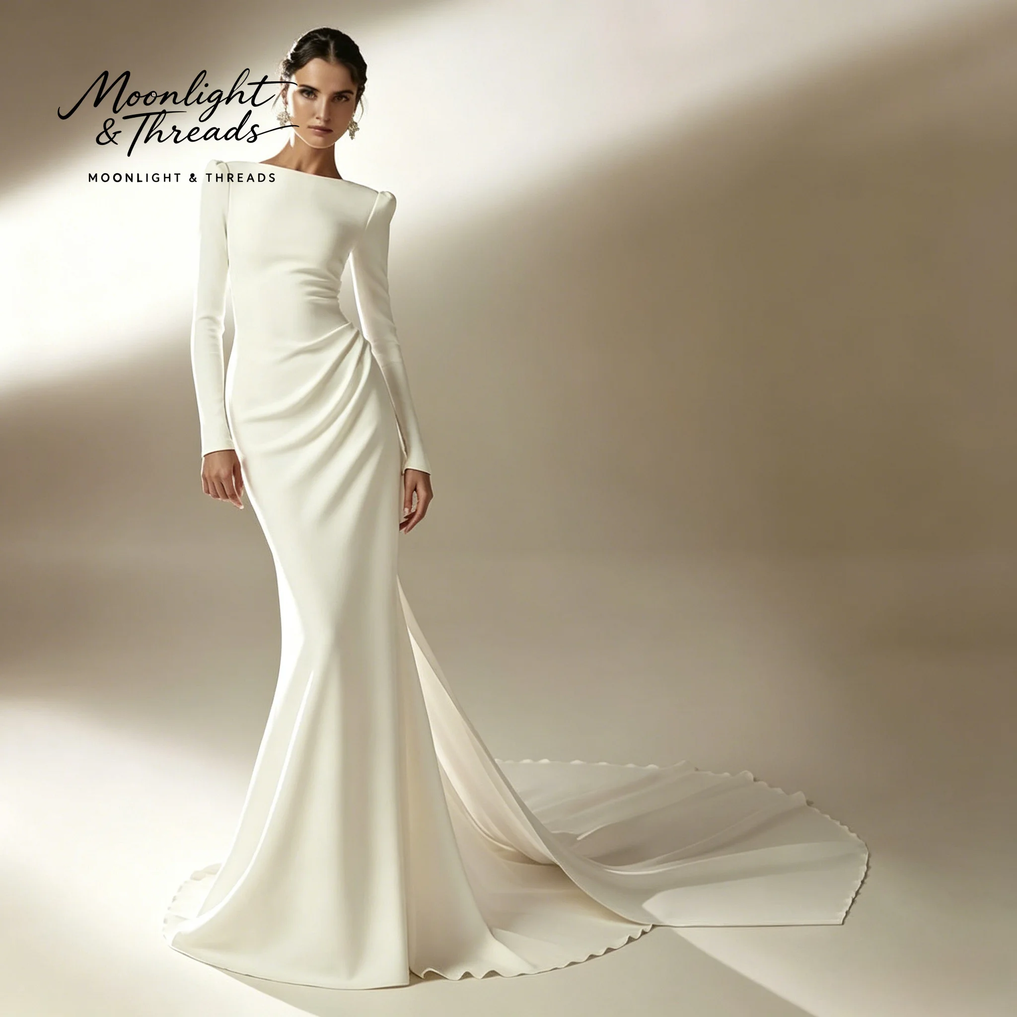 Ivory floor-length formal wedding gown featuring a flat neckline long sleeves a mermaid silhouette and a draped open back