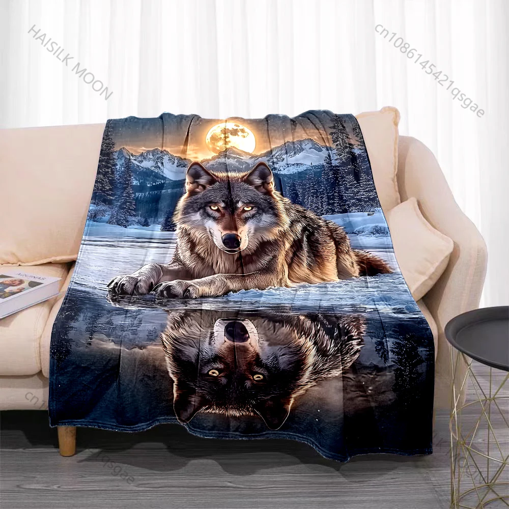 Multiple sizes Wolf on ice with moon reflection print blanket adult children warm for home travel soft and comfortable blanket