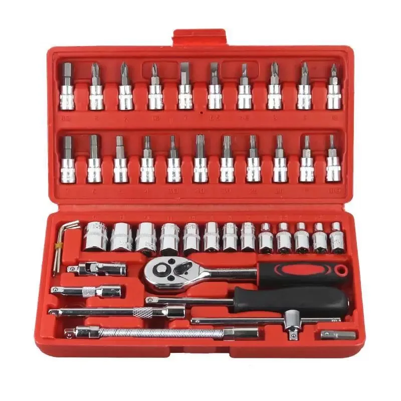 46-piece Socket Ratchet Car Repair Tool Wrench Set Head Ratchet Pawl Socket Spanner Screwdriver Professional Metalworking Home K