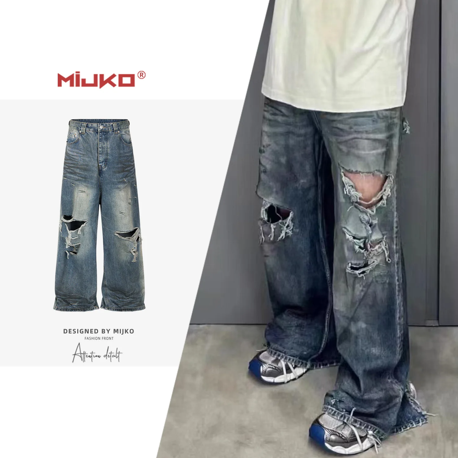 

Big Torn Jeans for Men Women Retro Washed Crease Texture Denim Pants Same Design