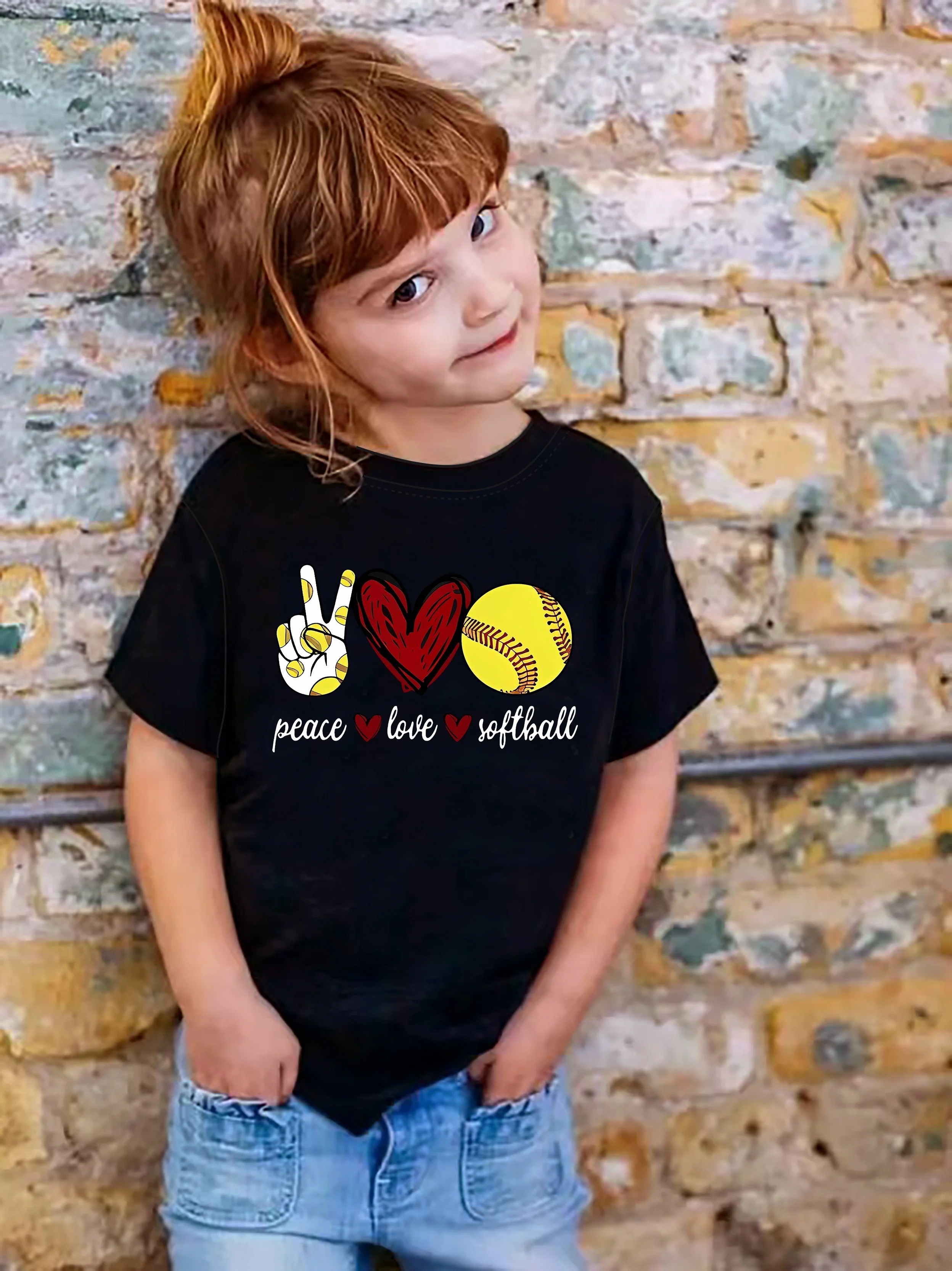 

Футболка с короткими рукавами и рисунком PEACE LOVE SOFTBALL для девочек, летняя уличная повседневная летняя детская верхняя модная одежда