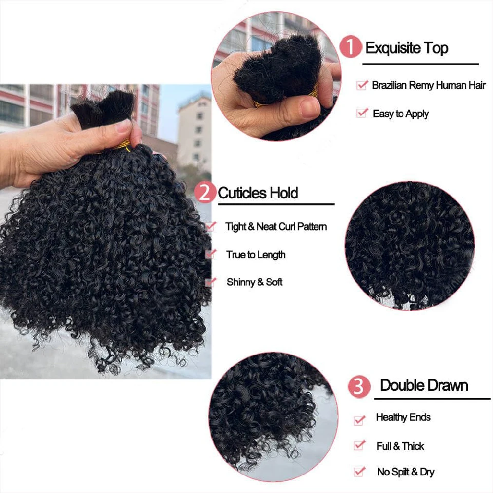 Afro Kinky Curly Bulk Human Hair Extensions Double Drawn Brazilian Virgin Braiding Hair For Boho Braids Afro Kinkys Crochet Hair
