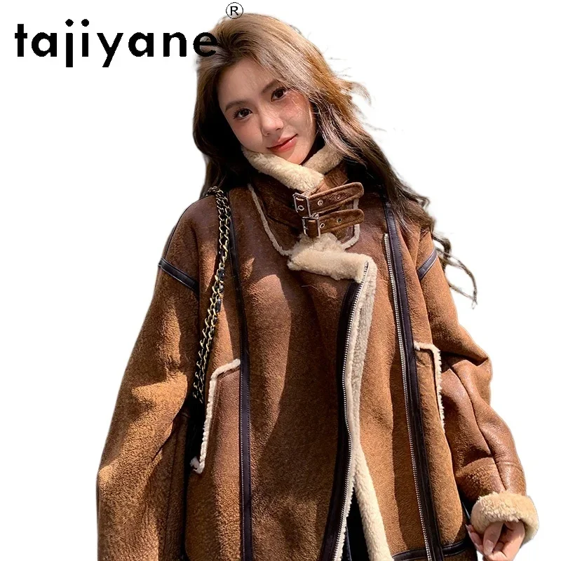 TAJIYANE-abrigo de piel de oveja Natural para mujer, abrigo de piel de doble cara, chaqueta de piel de cuero genuino para motocicleta, ropa de invierno 2024