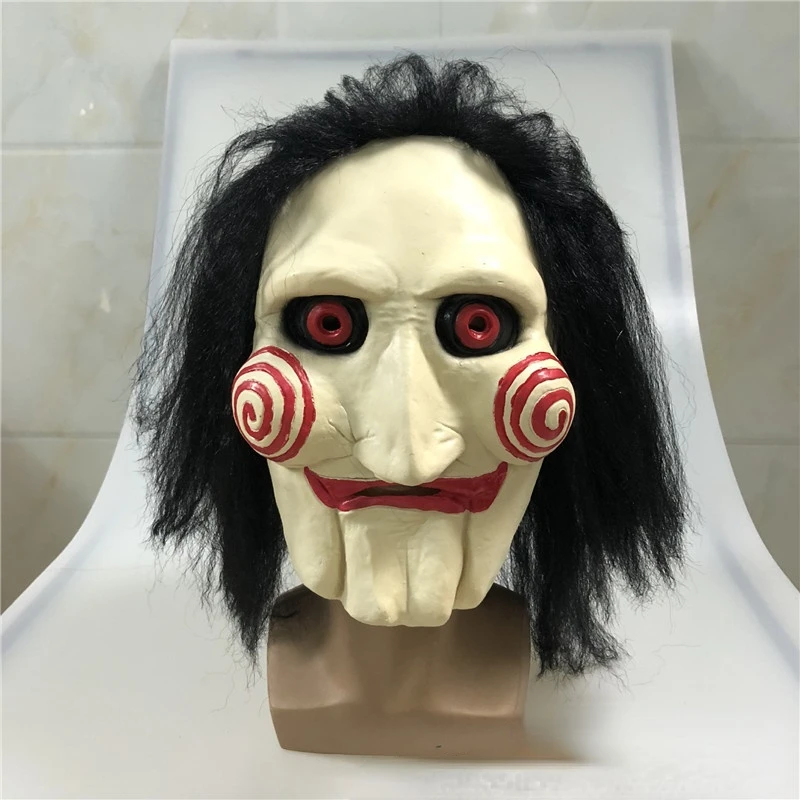 Movie Saw Chainsaw Massacre Jigsaw Puppet Masks With Hair Latex Creepy Halloween Horror Scary Mask Wig Unisex Party Cosplay Prop