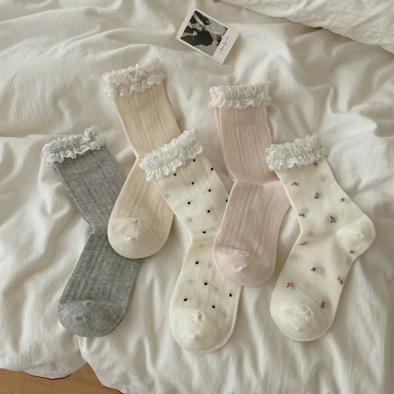 Lace Frilly Socks Women Japanese JK Lolita Kawaii Polka Dot Medium Tube Socks Spring and Summer Thin Mesh Breathable Women Socks