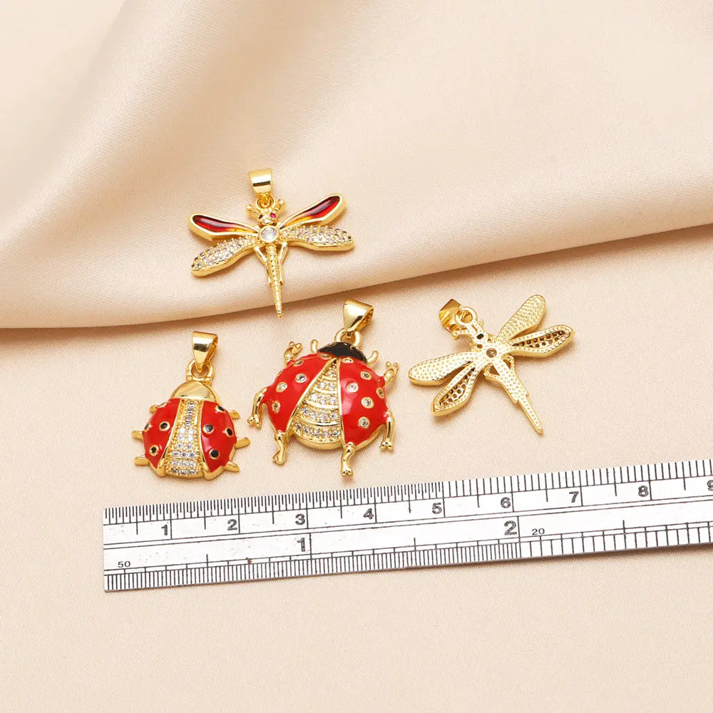 OCESRIO Trendy Red Enamel Ladybug Pendant for Necklace Copper Gold Plated Dragonfly Handmade Jewelry Making Component pdta199