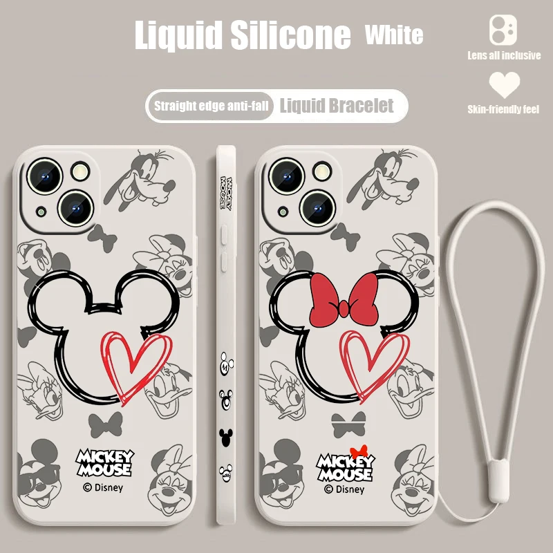 Disney Mickey Mouse Logo For Apple iPhone 15 14 13 12 11 XS XR X 8 7 Pro Max Plus Mini Liquid Left Rope Phone Case