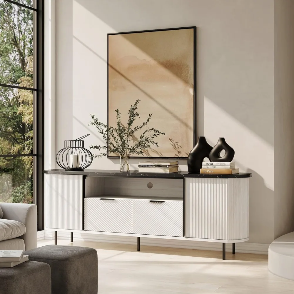 

68 inch groove TV station modern chic artificial marble countertop, curved entertainment center, 80 inch TV