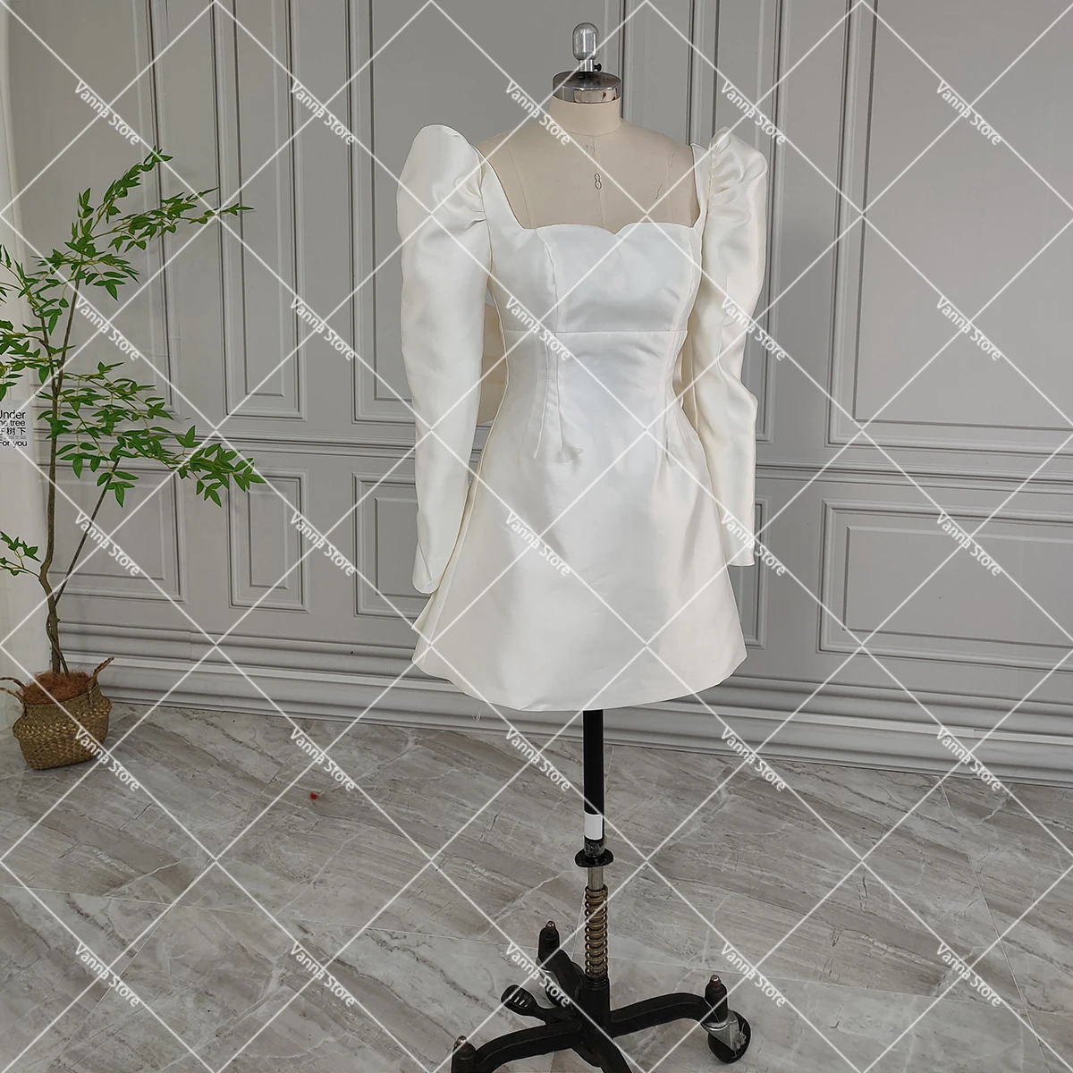 Mini abito da sposa in raso Mikado senza schienale maniche lunghe a sbuffo fiocco staccabile semplice collo quadrato chic abiti da sposa